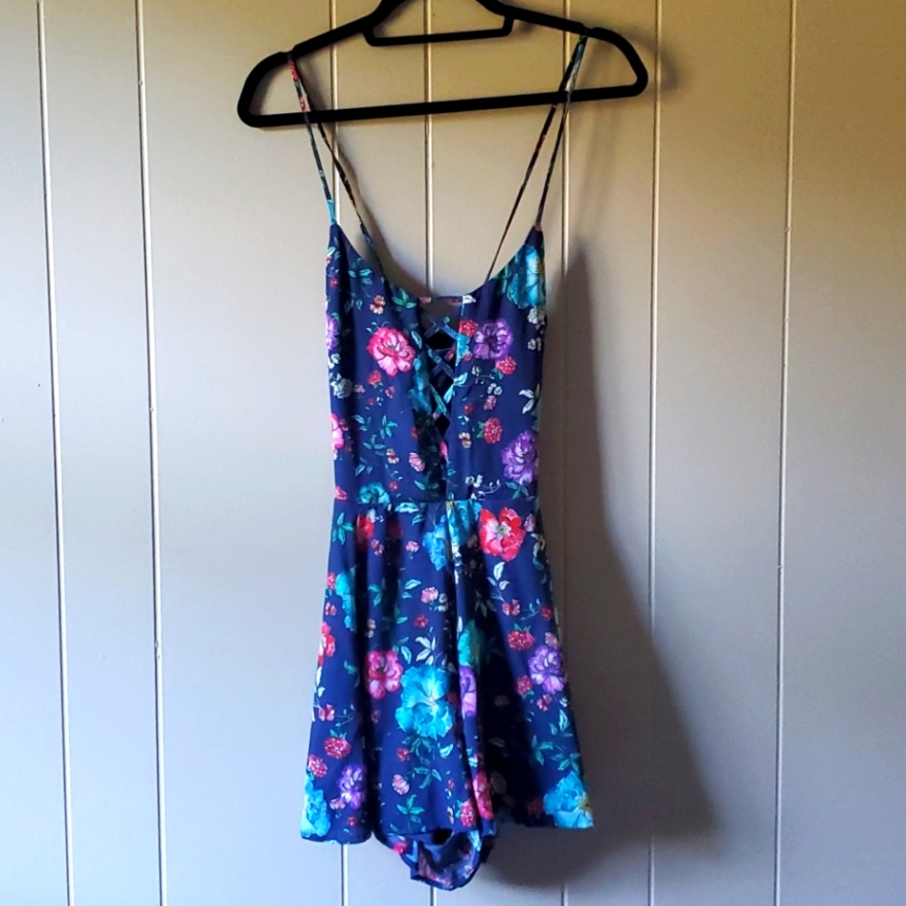 Express Navy Floral Lace-Up Romper with Pink, Purple & Teal Blooms